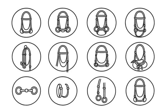 Equestrian Tack Icons. Line style icons of bridles in round shape: leather bridle, snaffle bit bridle, double bridle, halter and