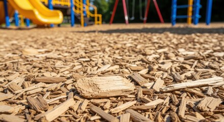 Wood chip surface at playground area with yellow slide and swings. Wood chip material is safe for kids to play on this ground. Consider wood chip surface in ecology projects.