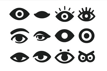 Stylized Eye Icons. Solid style icons of Eyes: human eye, closed eye, wide open eye, eye with lashes, eye with brow, side view eye