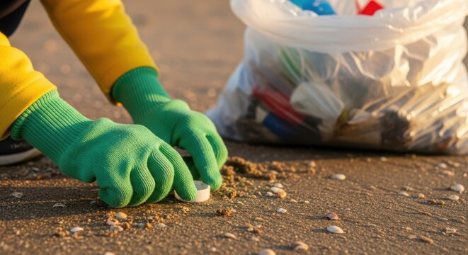 Beach cleanup effort shows a person picking up trash at the shore. Beach cleanup action includes collecting plastic waste and debris, reducing ocean pollution.