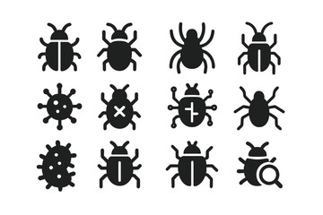 Bug Icon Collection. Solid style icons of Bugs: insect bug, beetle bug, spider bug, cockroach symbol, virus bug, malware insect,