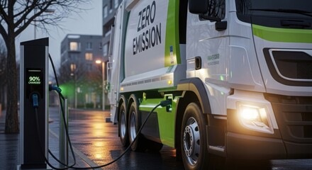 Zero emission vehicle stands charged at station, showcasing sustainable transportation.