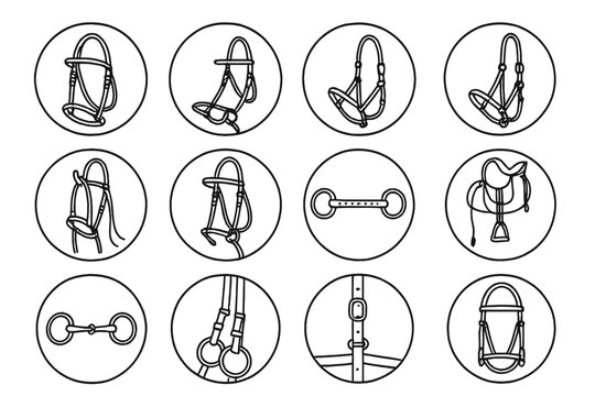 Equestrian Tack Icons. Line style icons of bridles in round shape: leather bridle, snaffle bit bridle, double bridle, halter and
