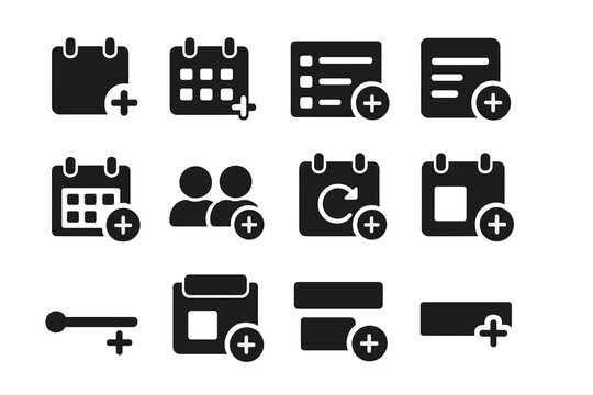Calendar Icons Set. Solid style icons of calendar and scheduling creation: new event icon, calendar plus, add task, schedule item
