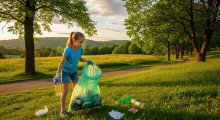 Young girl picking up trash in green bag outdoors, contributing to clean environment. Picking up trash is great way for kids to get involved in environmental protection,