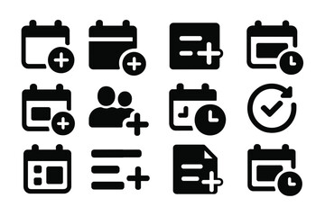 Calendar Icons Set. Solid style icons of calendar and scheduling creation: new event icon, calendar plus, add task, schedule item