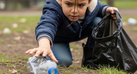 Young boy picks up trash in park, collecting plastic bottle during outdoor activity. Picking up trash can benefit environment. Young volunteer picking up trash,