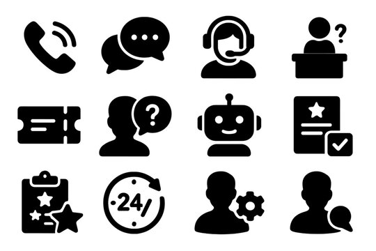 Customer Support Icons. Solid style icons of Customer support: call center, live chat, support agent, help desk, ticket system,