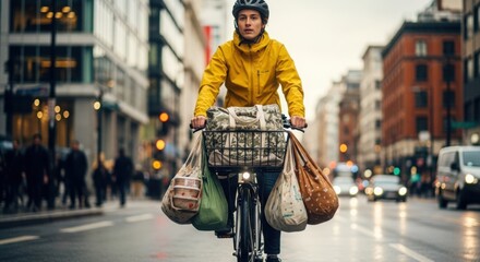 Cyclist with bags crossing city street on bicycle, wearing helmet and yellow jacket. Cycling on city streets proves efficient, eco-friendly transportation, reducing urban congestion.