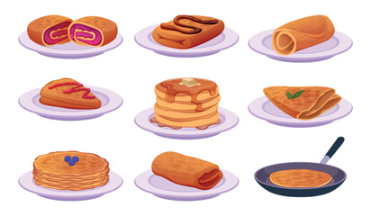 Pancakes. Dessert food with different ingredients pancakes with fruits and syrup exact vector template