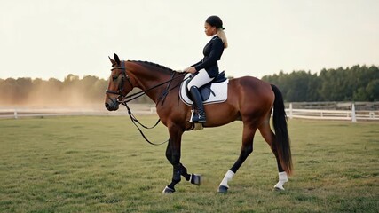 Equestrian rider practices on a horse in a scenic field