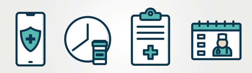 Fototapeta premium Medical icons. Healthcare, online doctor and health protection symbols. Isolated vector color images. Hand drawn original illustrations.