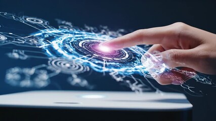 Close-up cinematic shot of a human hand interacting with a futuristic holographic interface projecting glowing digital data and circuits. - Powered by Adobe