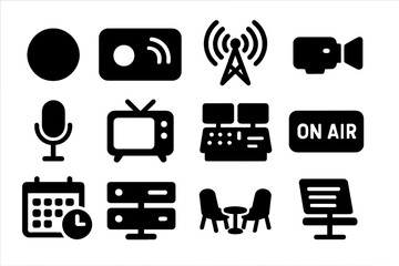 Broadcast Icons Collection. Solid style icons of recording and broadcasting: red record dot, live stream icon, broadcast antenna,