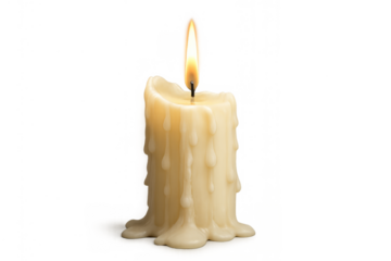 Burning candle producing soft candlelight with melting wax drips, creating a warm flame. Isolated with transparent background