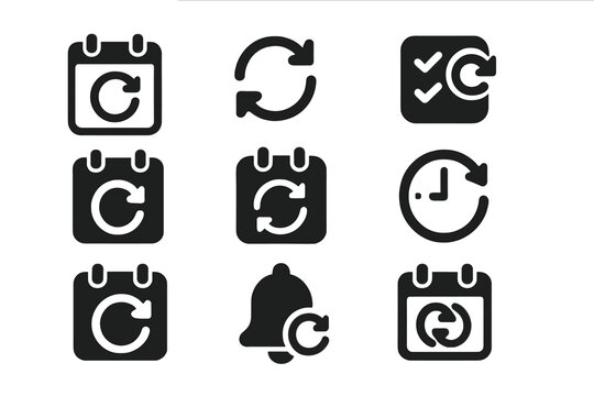 Recurring Dates Icons. Solid style icons of recurring and repeating dates: looped calendar icon, repeat event symbol, recurring
