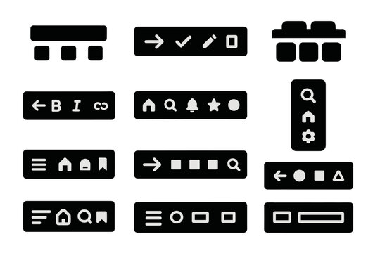 UI Toolbar Icons. Solid style icons of toolbars and headers: top bar menu, navigation header, action toolbar, tabbed menu icon,
