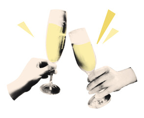 Hands holding champagne flute glasses halftone collage element Celebratory toast, cheers, party Cutout magazine shapes, grunge holiday design Modern retro vector illustration on transparent background © ugguggu