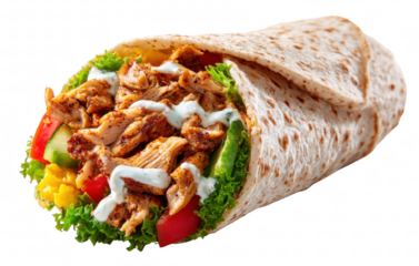 Fresh chicken shawarma wrap with sauce, isolated on transparent background, Mediterranean cuisine style, sharp focus