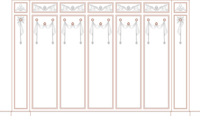 Fototapeta premium Vector elevation set of ornate wall panels with classical friezes and interior drapery/swag decoration.