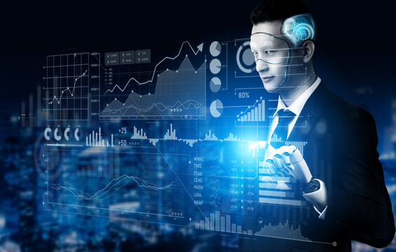 A businessman in a suit interacts with a futuristic digital interface showcasing data analysis and intelligent technologies, highlighting modern business insights. Scalp - Powered by Adobe