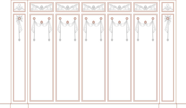 Vector elevation set of ornate wall panels with classical friezes and interior drapery/swag decoration.