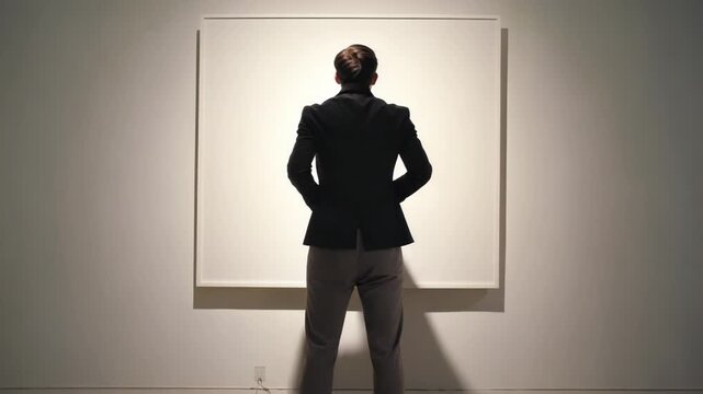 Observing blank canvas in modern art gallery setting