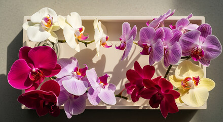 Arrangement of colorful orchids in a white tray creating a vibrant and eye catching display of nature ai generated