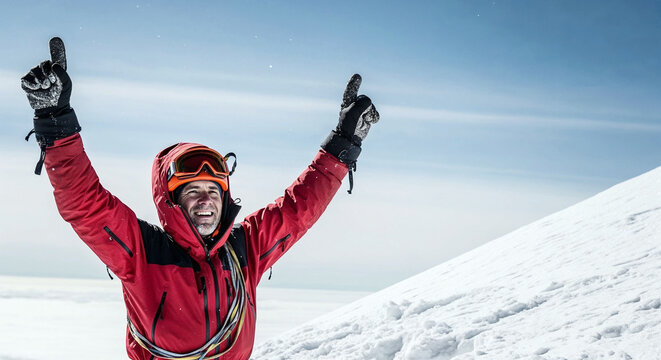 Male mountaineer celebrating at the snowy summit with raised arms and a big smile