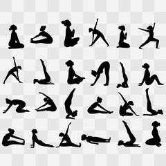 Hand-drawn set of yoga woman silhouettes in various poses. Minimal shadow-style illustrations wellness projects, yoga studios, fitness guides, posters, apps, social media, and meditation