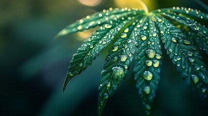 Green cannabis leaves with water drops, a symbol of growth and natural vitality