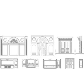 Vector elevation set of ornate interior architectural details, including wall paneling, arches, and decorative built-in furniture.