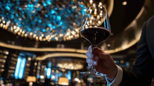 Sommelier Showcases Wine Expertise While Swirling a Glass in an Elegant Tasting Room Atmosphere With Soft Lighting