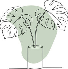 Monstera plant in pot line art green leaf