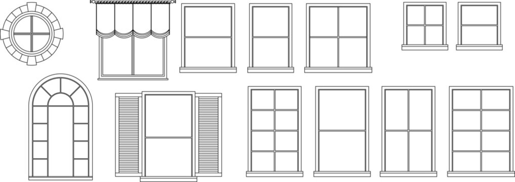 Vector elevation set of windows, doors, and curtain treatments, featuring arch-top, grille, and multi-pane styles.