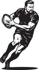 Rugby player running with the ball in a black and white illustration.