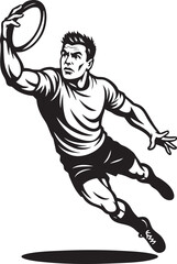 A dynamic black and white illustration of a muscular rugby player jumping in mid-air to catch a ball.
