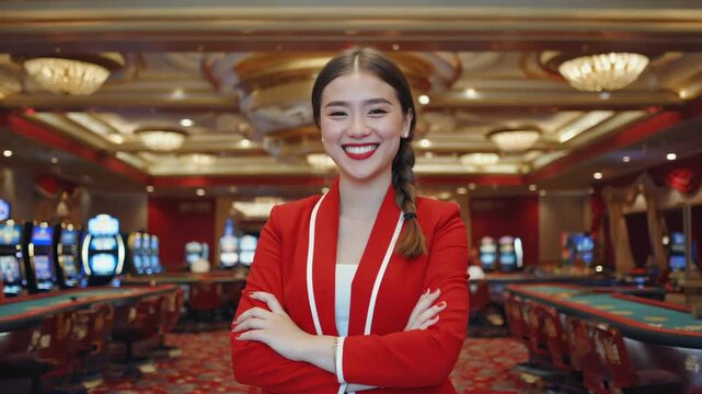 Elegant dealer poses confidently in upscale casino setting