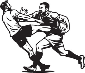 Dynamic black and white illustration of two aggressive rugby players in action during a game.