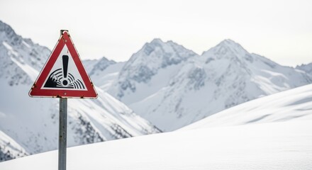 Avalanche warning sign in snowy mountains during winter landscape