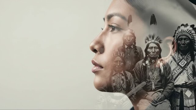double exposure of native american woman's profile and vintage photo of indigenous ancestors. concept of heritage, history, and cultural identity. banner, website header with copyspace.