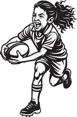 Black and white illustration of an excited young girl running with a rugby ball during a game.