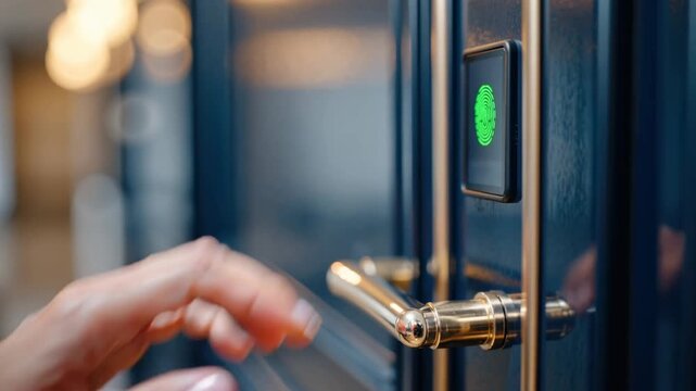 a woman presses her index finger on a blue fingerprint sensor, it turns green and the door opens instantly