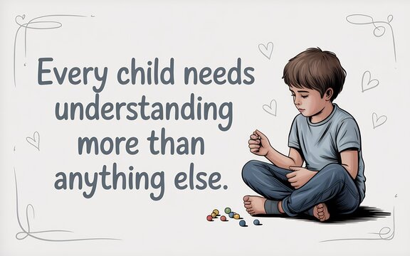 Illustration of a young boy sitting crosslegged, contemplating colorful beads, with the quote every child needs understanding