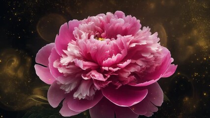 Vibrant pink peony blossom stands out with delicate petals against a dark, shimmering bokeh background, evoking a sense of ethereal beauty and enchanting elegance - Powered by Adobe