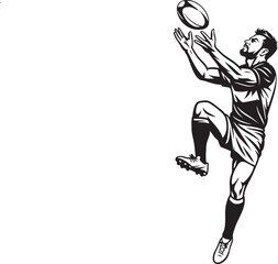 A dynamic black and white vector illustration of a male rugby player jumping to catch a ball.