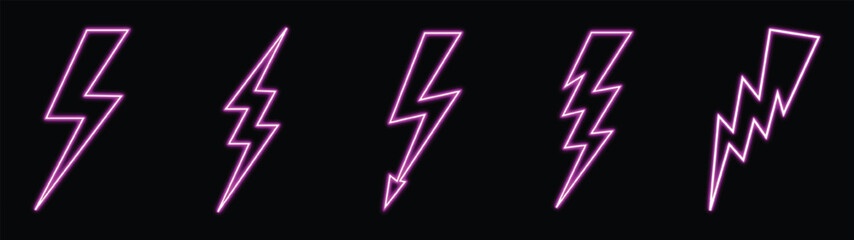 Five vibrant purple neon lightning bolt shapes glowing brightly against a stark black background