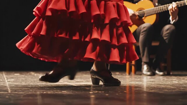 red flamenco dress and heelwork on dim stage with seated guitarist, layered ruffles swirling with rhythmic foot stomps, dramatic spotlight highlighting polished heels, passionate traditional spanish