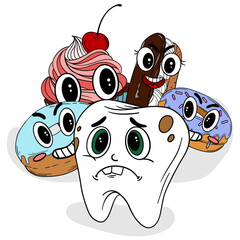 Hand-drawn cute children’s illustration of sweets with funny faces attacking tooth. Playful educational design showing candies as “sugar monsters” that cause tooth damage