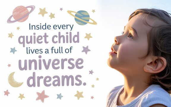 A young girl looks up at the sky with text that says inside every quiet child lives a universe full of dreams